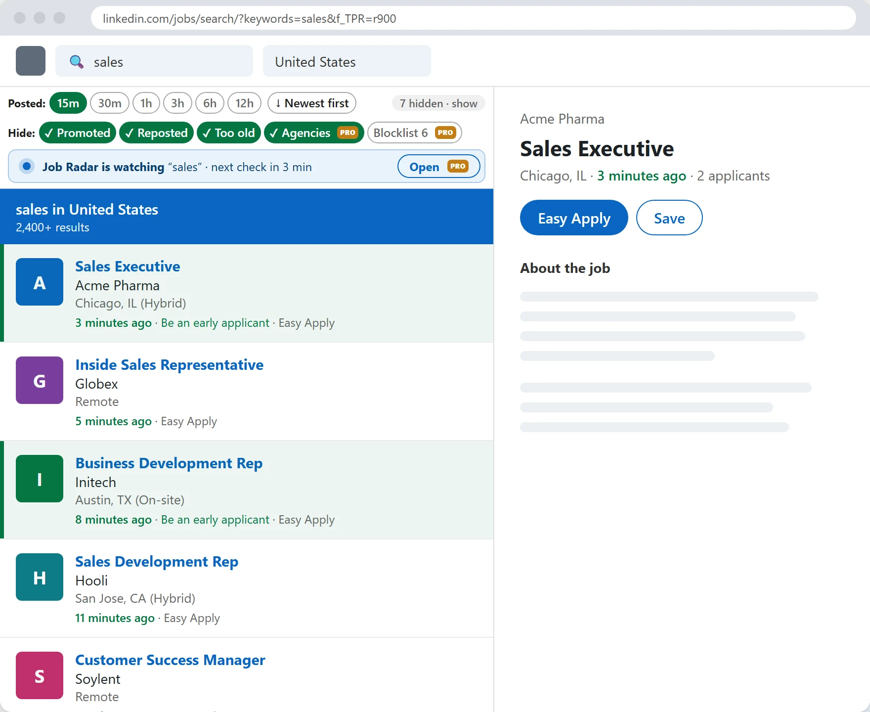 EarlyApply on a LinkedIn job search: time filters, hide toggles and highlighted fresh jobs