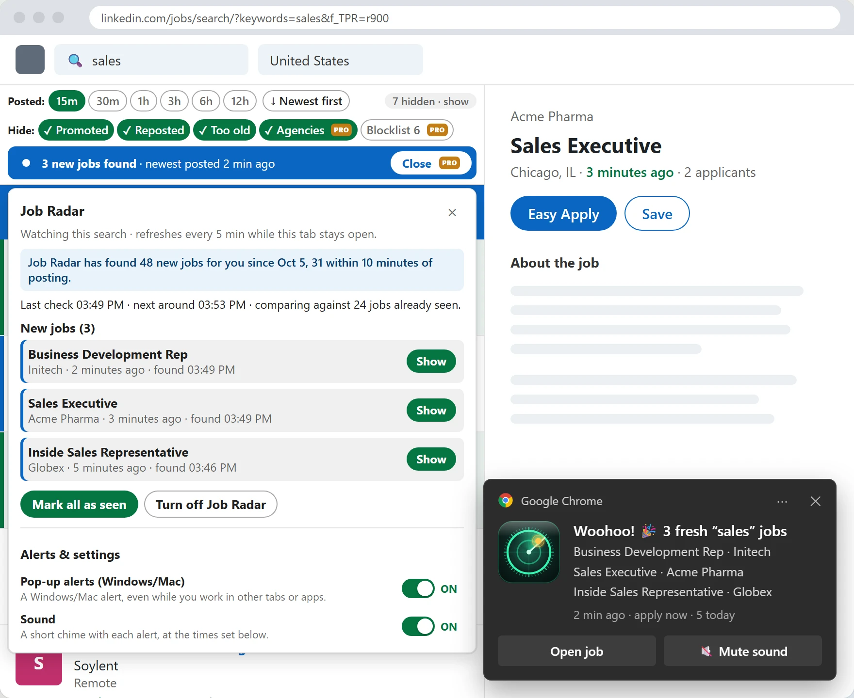 Job Radar panel listing new jobs, with a desktop alert