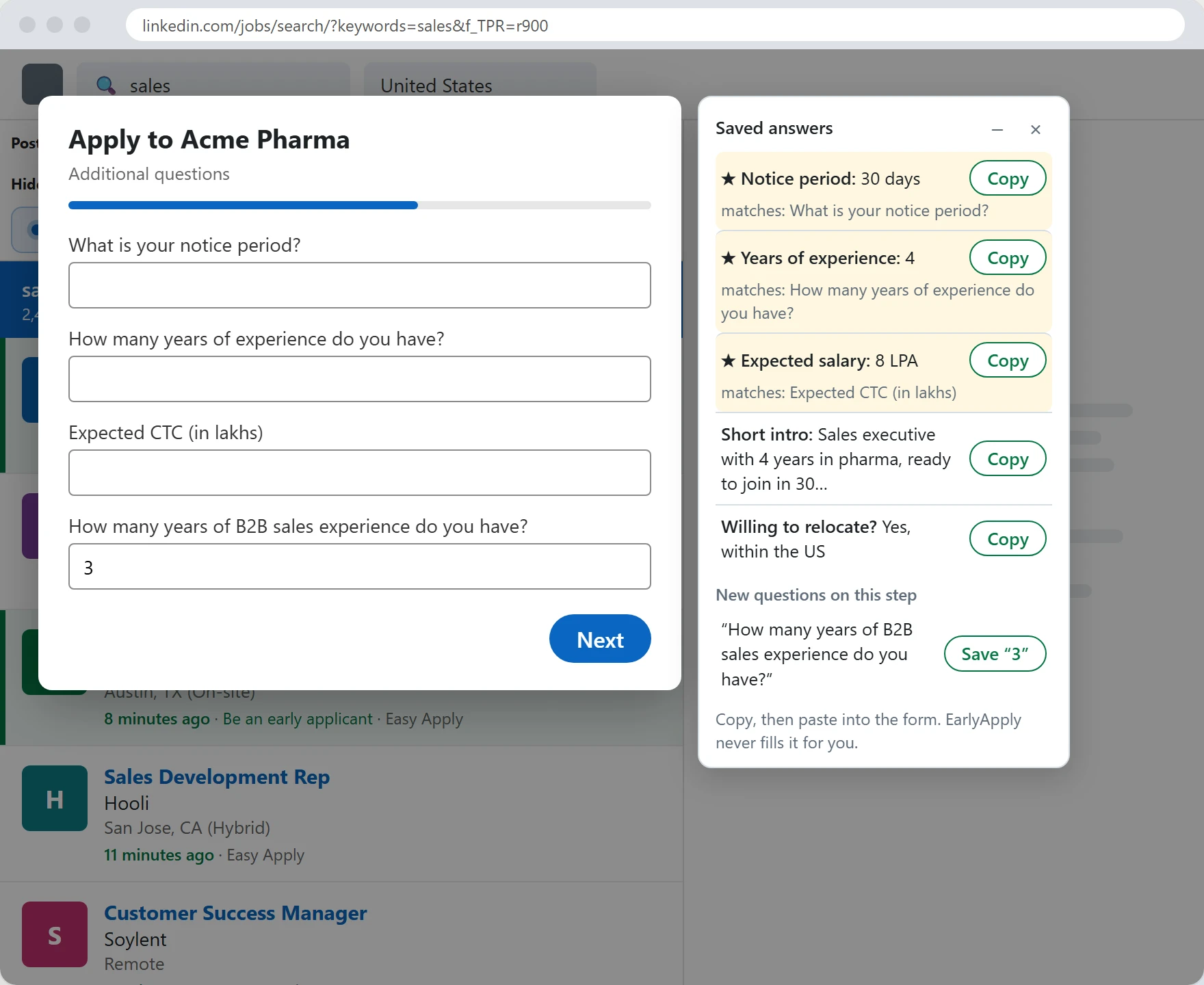 Saved answers card beside an Easy Apply form